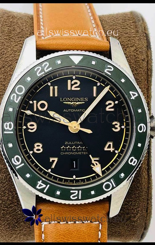 Longines Spirit ZULU Time 1:1 Mirror Replica Watch in 904L Steel Casing - Swiss L844.4 Automatic Movement Brown Strap