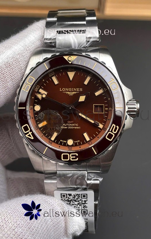 Longines HydroConquest GMT 1:1 Mirror Swiss Replica Watch in Brown Dial Steel Strap