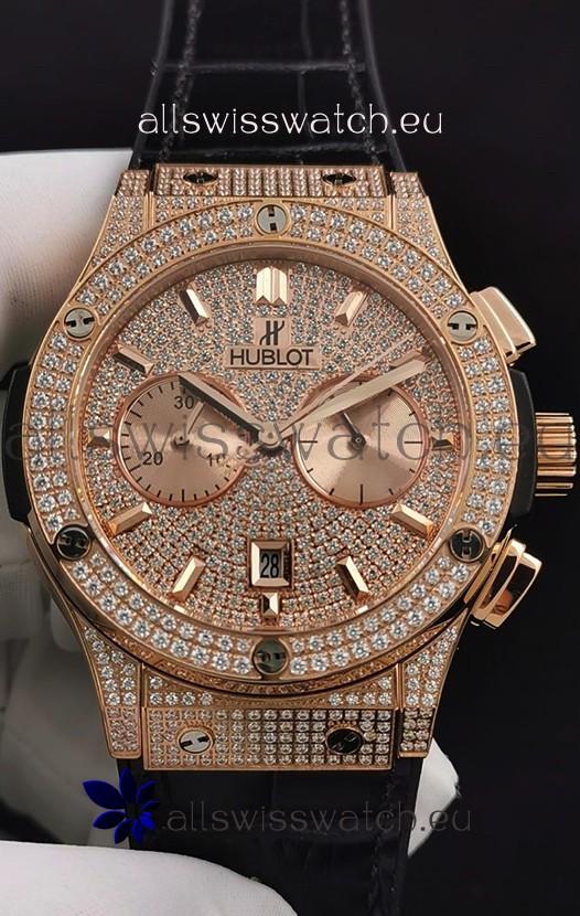 Hublot Classic Fusion Chronograph Rose Gold Diamonds Dial and Casing 1:1 Mirror Replica Watch 