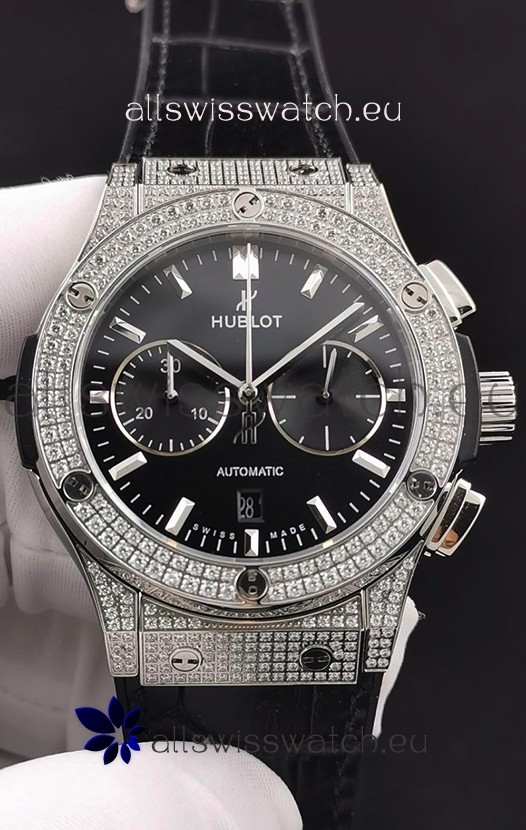 Hublot Classic Fusion Chronograph Steel Diamonds Casing Black Dial 1:1 Mirror Replica Watch 
