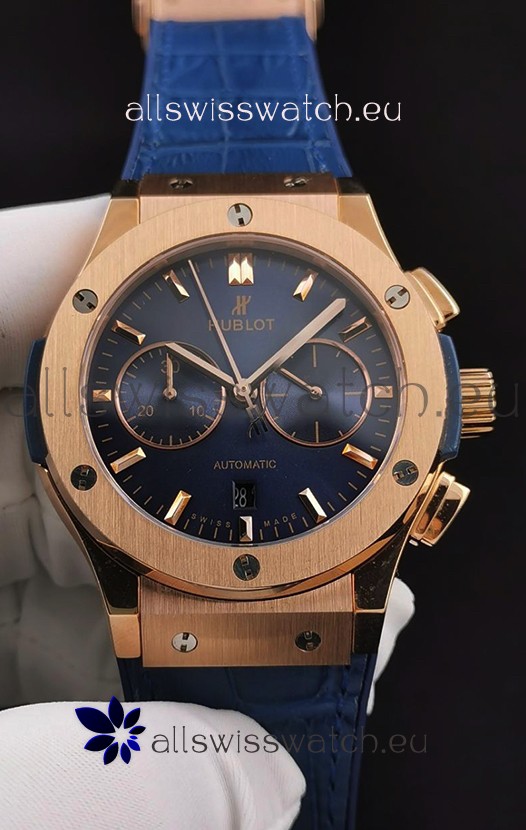 Hublot Classic Fusion Chronograph Rose Gold Casing Blue Dial 1:1 Mirror Replica Watch 