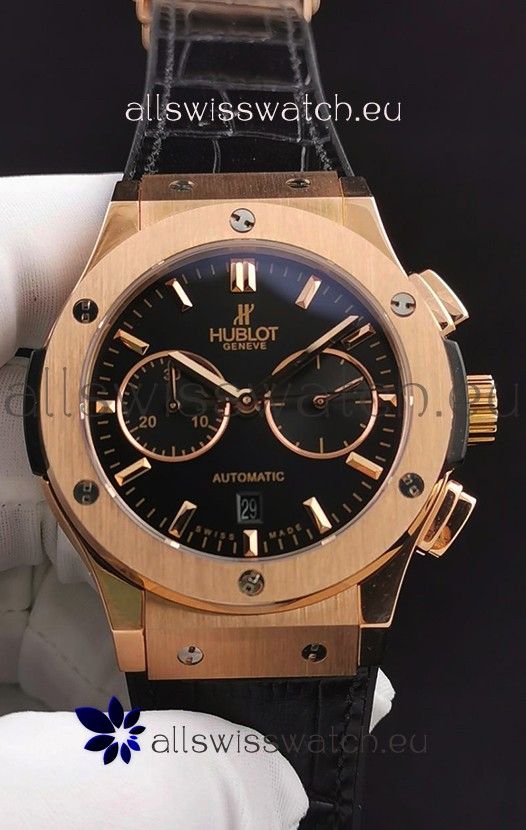 Hublot Classic Fusion Chronograph Rose Gold Casing Black Dial 1:1 Mirror Replica Watch 