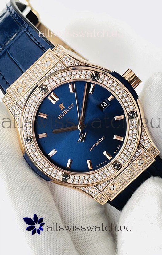 Hublot Classic Fusion Diamonds Rose Gold Steel Blue Dial Swiss Replica Watch 1:1 Mirror Quality 