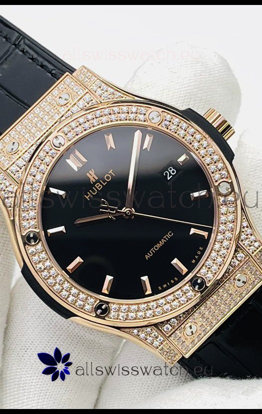 Hublot Classic Fusion Diamonds Rose Gold Black Dial Swiss Replica Watch 1:1 Mirror Quality 