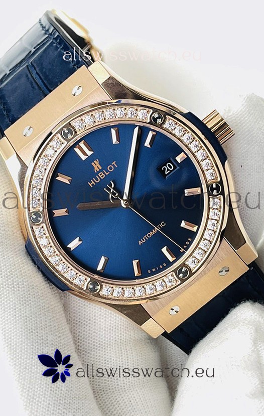 Hublot Classic Fusion Rose Gold Steel Blue Dial Swiss Replica Watch 1:1 Mirror Quality 