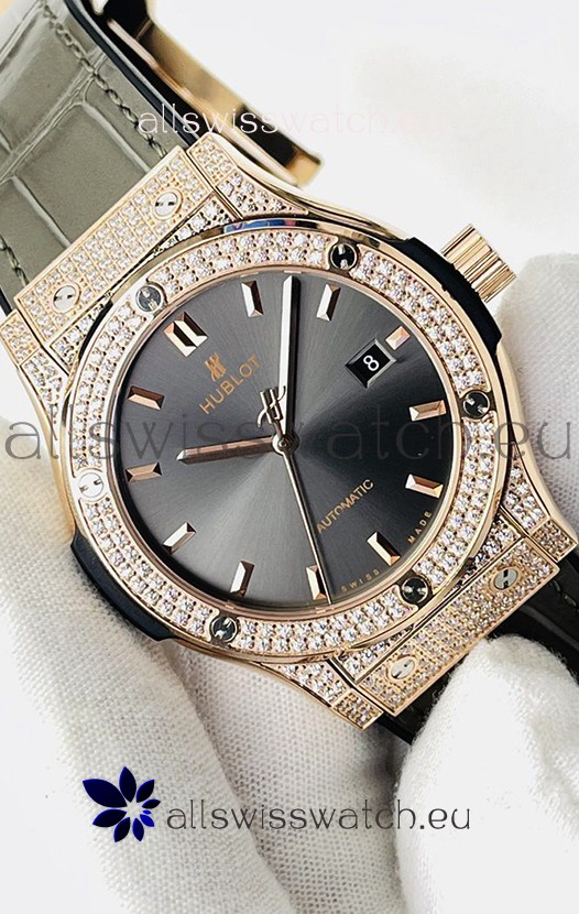 Hublot Classic Fusion Diamonds Rose Gold Grey Dial Swiss Replica Watch 1:1 Mirror Quality 