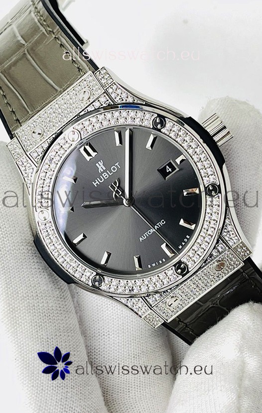 Hublot Classic Fusion Stainless Steel Diamonds Grey Dial Swiss Replica Watch 1:1 Mirror Quality 