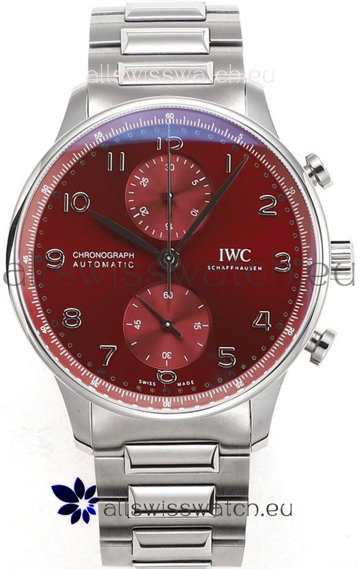 IWC Portuguese Chronograph Swiss Replica Watch in Steel Case Maroon Dial - 1:1 Mirror Replica Edition