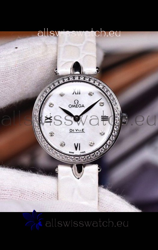 Omega De Ville Prestige Dewdrop Edition Swiss Quartz Watch in White Dial and Strap