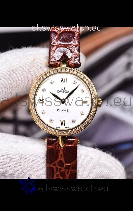 Omega De Ville Prestige Dewdrop Edition Swiss Quartz Watch in Rose Gold Brown Strap
