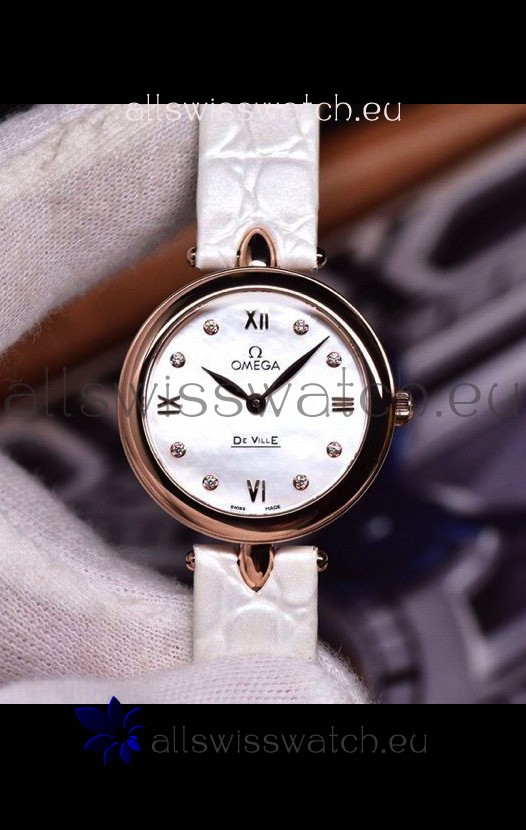 Omega De Ville Prestige Dewdrop Edition Swiss Quartz Watch in Rose Gold White Strap