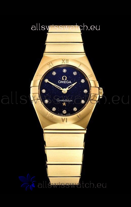Omega Constellation Ladies Swiss Quartz 1:1 Mirror Replica - Yellow Gold Casing in Black Starry Dial 