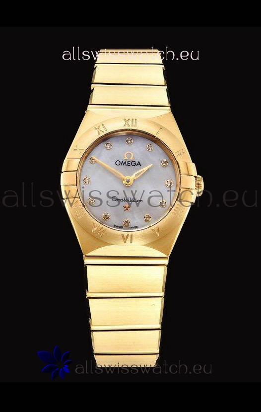 Omega Constellation Ladies Swiss Quartz 1:1 Mirror Replica - Yellow Gold Casing White Pearl Dial