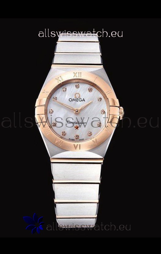 Omega Constellation Ladies Swiss Quartz 1:1 Mirror Replica - Two Tone Casing in White Pearl Dial
