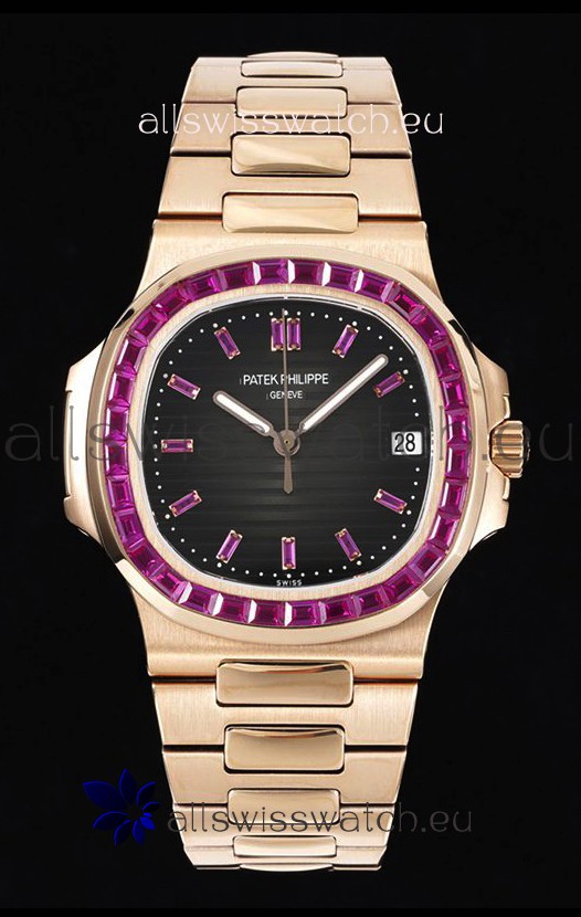 Patek Philippe Nautilus 5711 Black Dial 1:1 Mirror Replica in Rose Gold 904L Steel with Rubies Bezel
