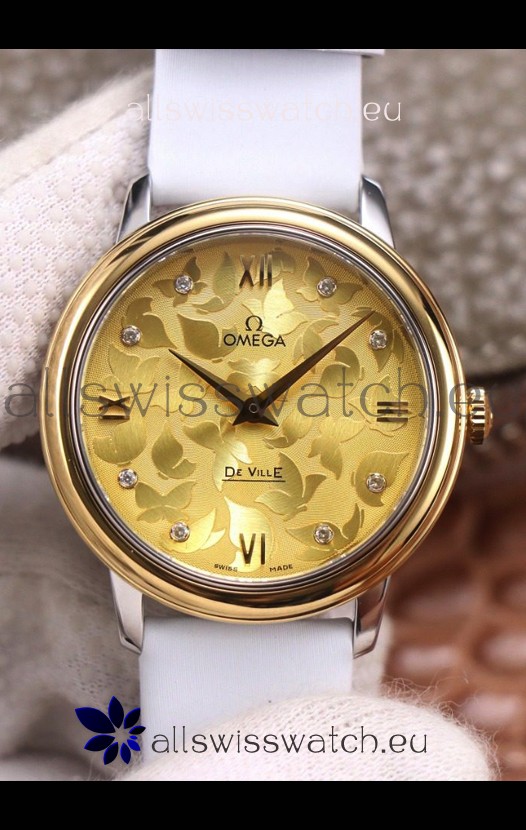 Omega De Ville Floral Dial Swiss Quartz Movement in Two Tone Casing - Gold Dial