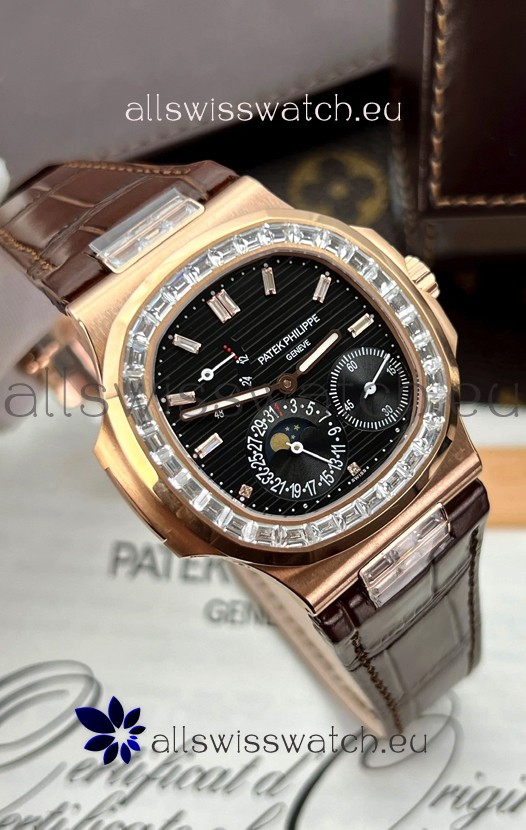 Patek Philippe Nautilus 5712R 1:1 Quality Swiss Replica Watch in Black Dial Brown Strap