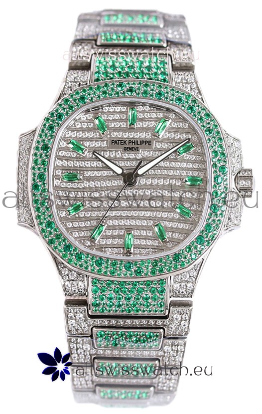 Patek Philippe Nautilus 7118R 35MM 1:1 Green Diamonds Paved Watch in Steel Casing 
