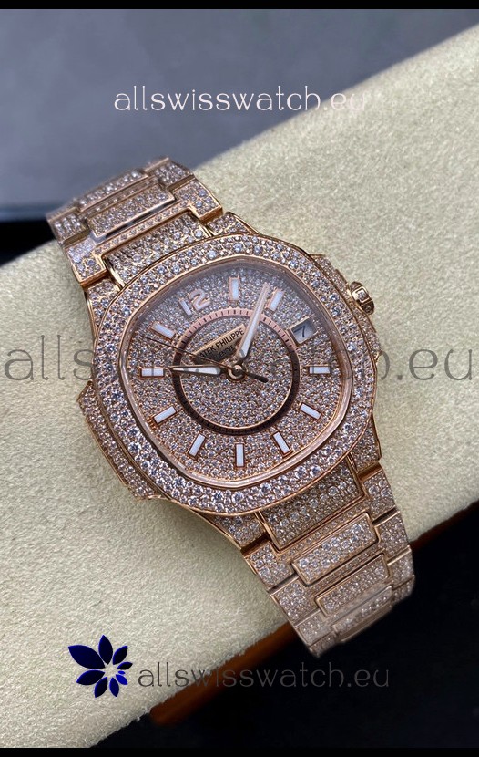 Patek Philippe Nautilus 7010 Diamonds Paved Rose Gold 32MM 1:1 Mirror Replica - Genuine Diamonds
