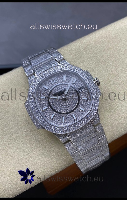 Patek Philippe Nautilus 7010 Diamonds Paved Stainless Steel 32MM 1:1 Mirror Replica - Genuine Diamonds