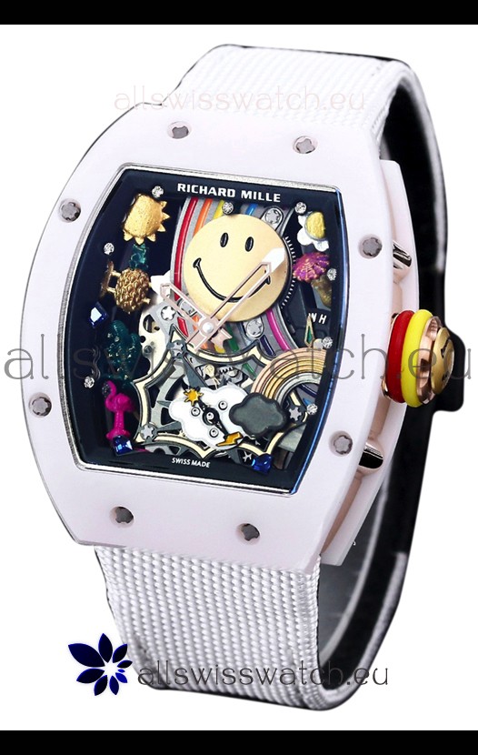 Richard Mille RM088 Smiley Tourbillon White Ceramic Casing Nylon Strap Replica Watch 