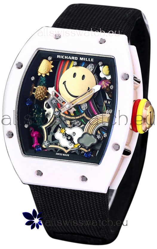 Richard Mille RM088 Smiley Tourbillon White Ceramic Casing Black Nylon Strap Replica Watch 