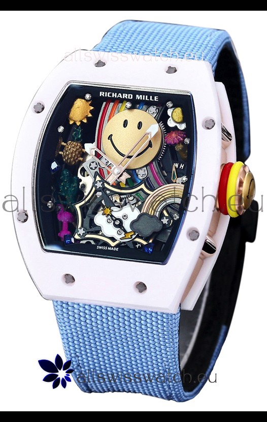 Richard Mille RM088 Smiley Tourbillon White Ceramic Casing Blue Nylon Strap Replica Watch 