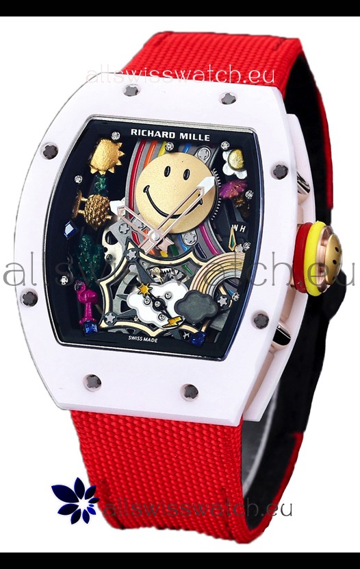 Richard Mille RM088 Smiley Tourbillon White Ceramic Casing Red Nylon Strap Replica Watch 