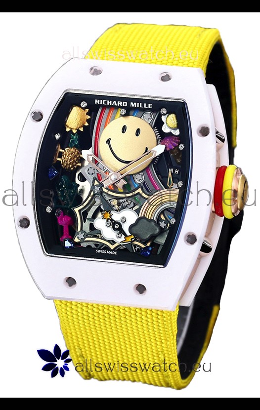 Richard Mille RM088 Smiley Tourbillon White Ceramic Casing Yellow Nylon Strap Replica Watch 