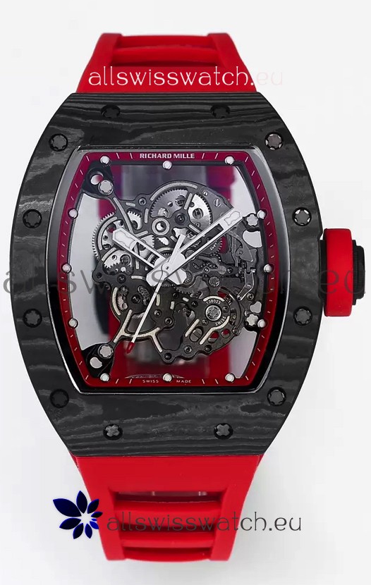 Richard Mille RM055 Black Carbon Casing Red Rubber 1:1 Superclone Genuine Tourbillon Watch 