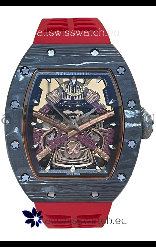 Richard Mille RM047 Samurai Genuine Tourbillon Watch in Carbon Casing Red Strap