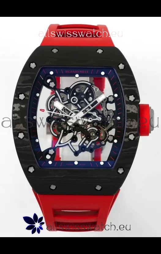 Richard Mille RM055 Black Carbon Casing Red Rubber Strap 1:1 Superclone Genuine Tourbillon Watch 