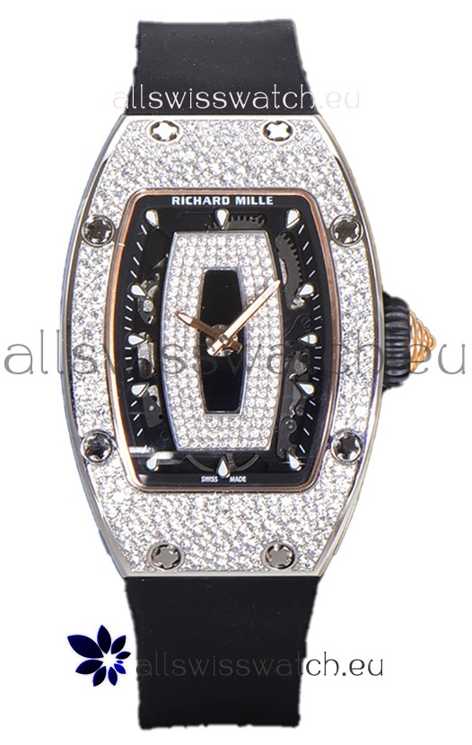 Richard Mille RM007 Diamonds Paved Black Dial 904L Steel Superclone Swiss Watch