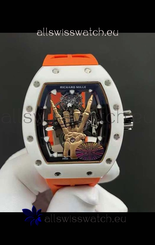 Richard Mille RM66 Flying Genuine Tourbillon White Ceramic Orange Strap Superclone Replica Watch 