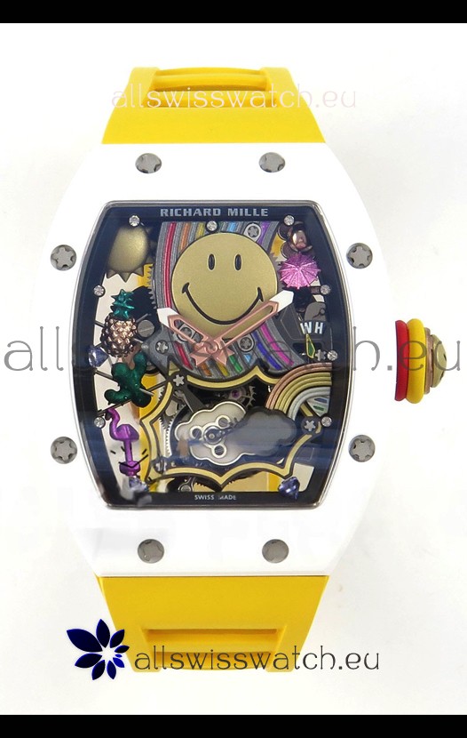 Richard Mille Super Clone RM088 Smiley Tourbillon White Ceramic Rubber Strap Watch 