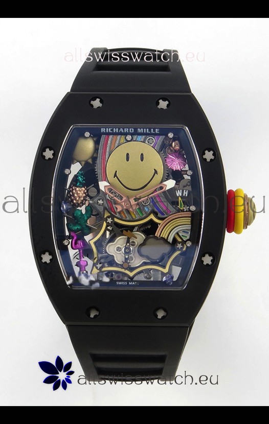 Richard Mille Super Clone RM088 Smiley Tourbillon Black Ceramic Rubber Strap Watch 
