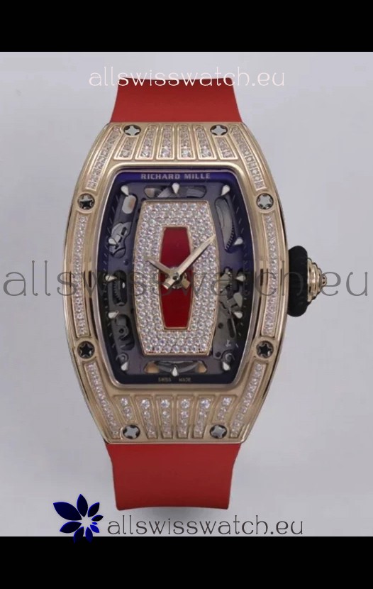 Richard Mille Super Clone RM07-01 Diamonds Paved 904L Rose Gold Casing Automatic Replica Watch