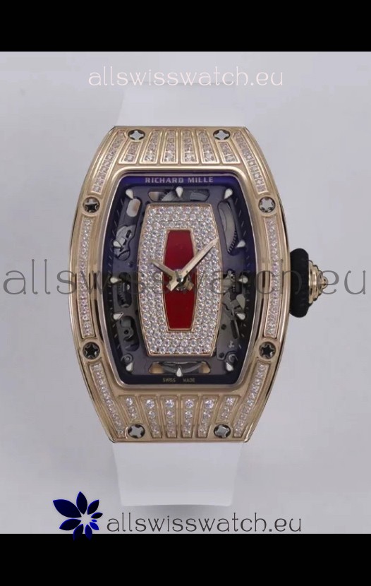 Richard Mille Super Clone RM07-01 Diamonds Paved 904L Rose Gold Casing Automatic Replica Watch