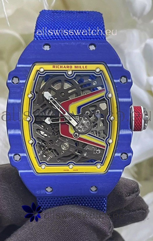 Richard Mille Super Clone RM67-02 Fernando Alonso Blue Carbon TPT 37 Grams Watch Blue Strap