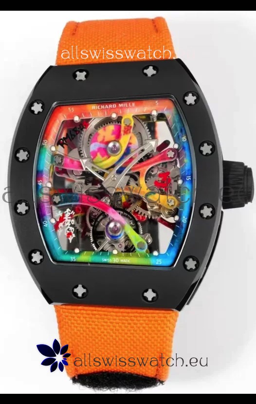 Richard Mille Super Clone RM68-01 Black Ceramic Casing Nylon Strap Tourbillon Swiss Replica