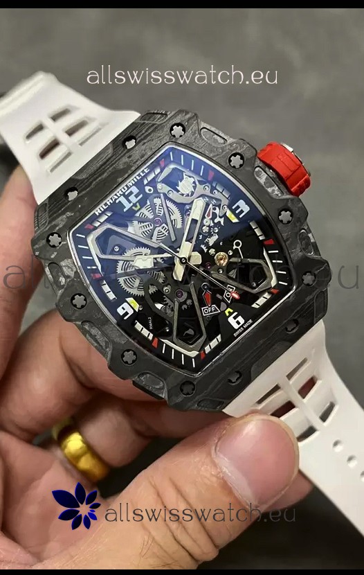 Richard Mille RM35-03 Rafael Nadal Edition Black Carbon Fiber Casing 1:1 Mirror Replica Watch in White Strap