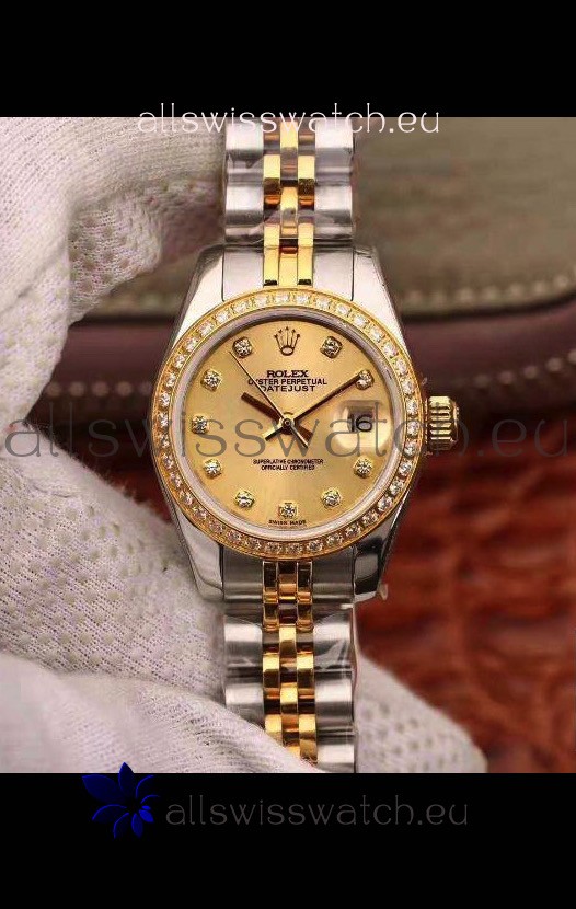 Rolex Datejust Ladies 28MM Cal.3135 Movement Swiss Replica in 904L Steel Yellow Gold 2 Tone Case
