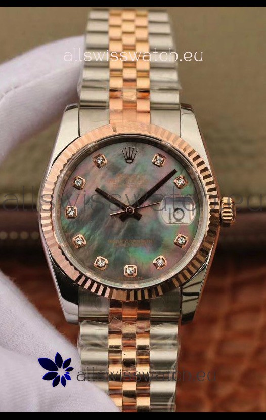 Rolex Datejust 36MM Cal.3135 Movement Swiss Replica Watch in 904L Steel Two Tone Casing Pearl Dial
