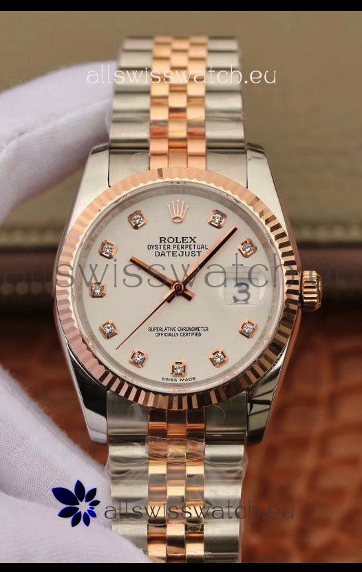 Rolex Datejust 36MM Cal.3135 Movement Swiss Replica Watch in 904L Steel Two Tone Casing White Dial