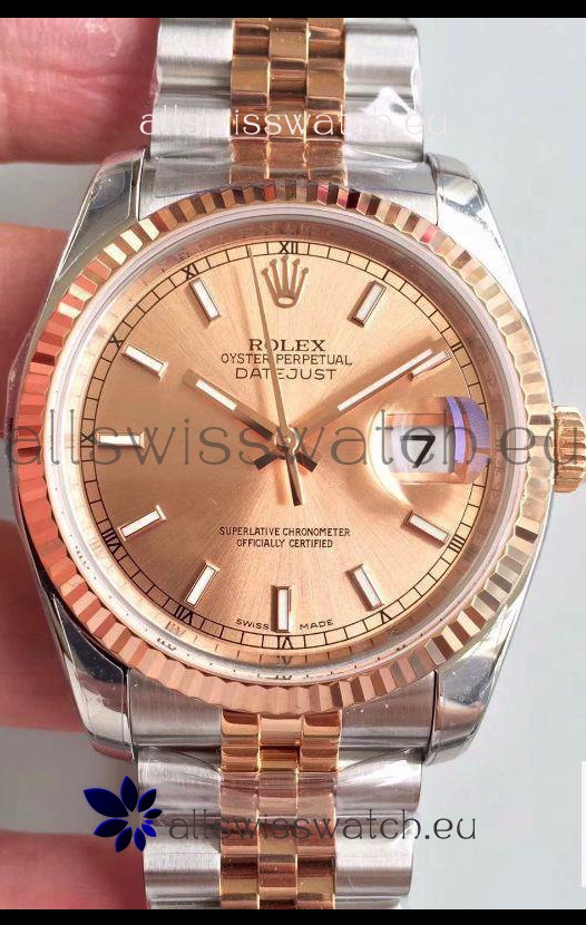 Rolex Datejust 36MM Cal.3135 Movement Swiss Replica Watch in 904L Steel Two Tone Casing Gold Dial