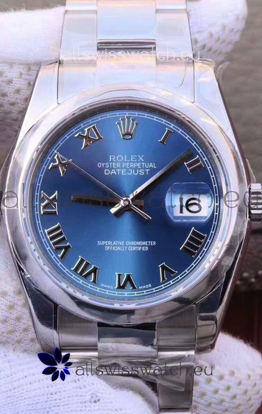 Rolex Datejust 36MM Cal.3135 Movement Swiss Replica Watch in 904L Steel Casing in Blue Roman Dial