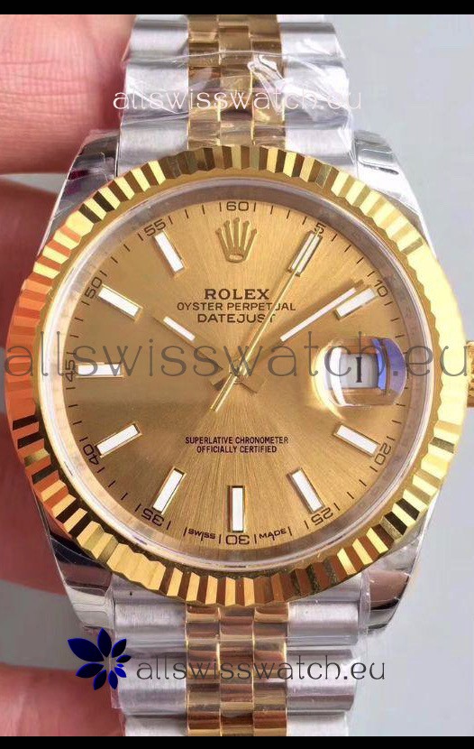 Rolex Datejust 41MM Cal.3135 Movement Swiss Replica Watch in 904L Steel Two Tone Casing Gold Dial