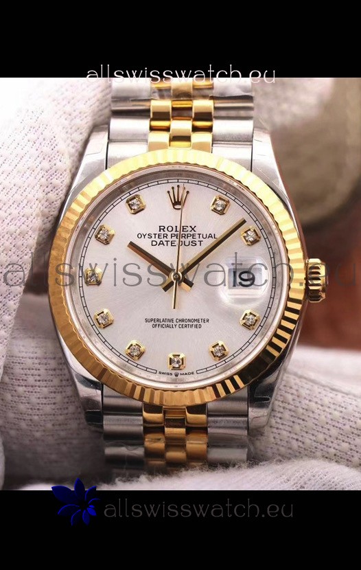 Rolex Datejust 36MM Cal.3135 Movement Swiss Replica Watch in 904L Steel Two Tone Casing Silver Dial