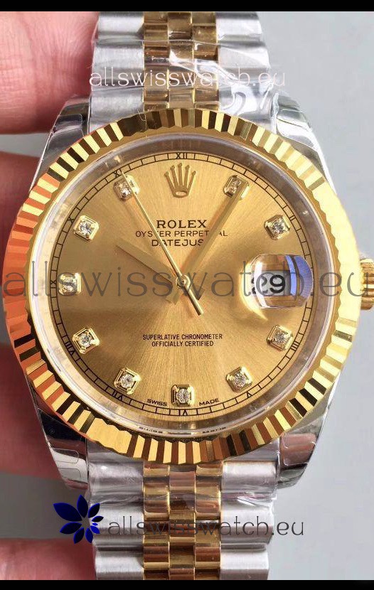 Rolex Datejust 41MM Cal.3135 Movement Swiss Replica Watch in 904L Steel Two Tone Gold Dial