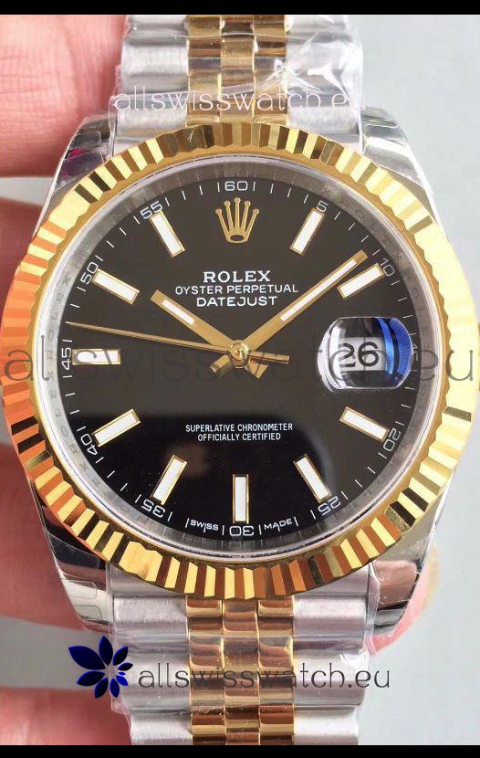 Rolex Datejust 41MM Cal.3135 Movement Swiss Replica Watch in 904L Steel Two Tone Black Dial